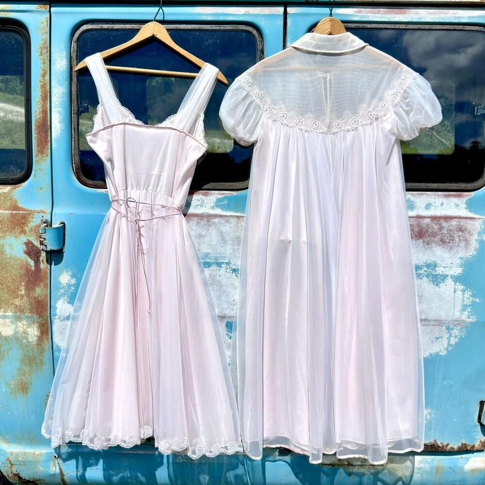 50s pastel pink double layer nylon tricot two piece peignoir set - Picture 2 of 8